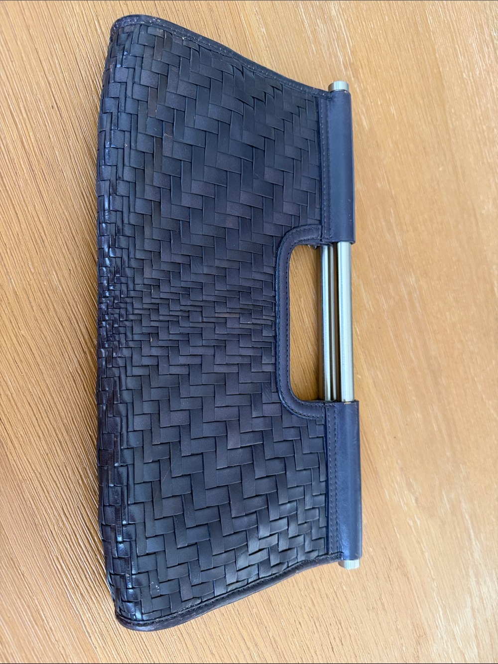 Cole Haan blue/grey woven Leather Clutch with Silver-Tone Bar Handle